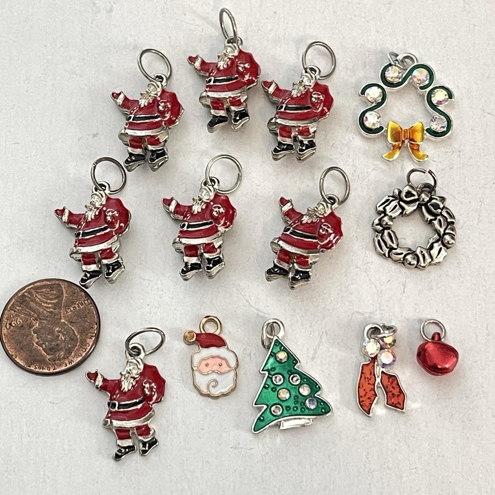 13 pc Enamel Christmas Santa Mixed Charms Silver Tone Craft Jewelry Lot Charm